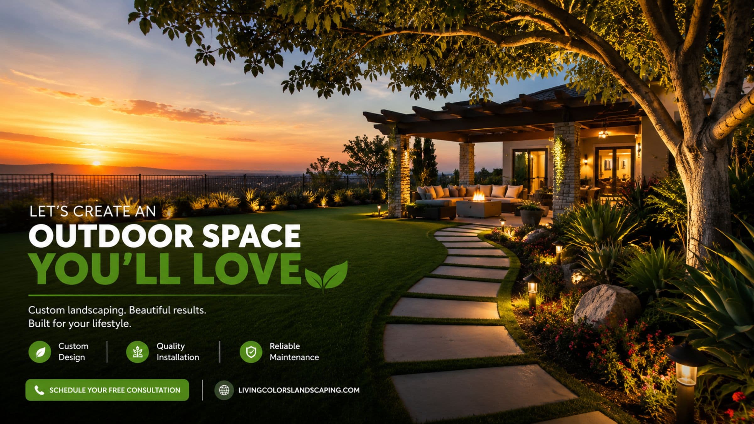 Luxury landscaped backyard at dusk in Los Angeles